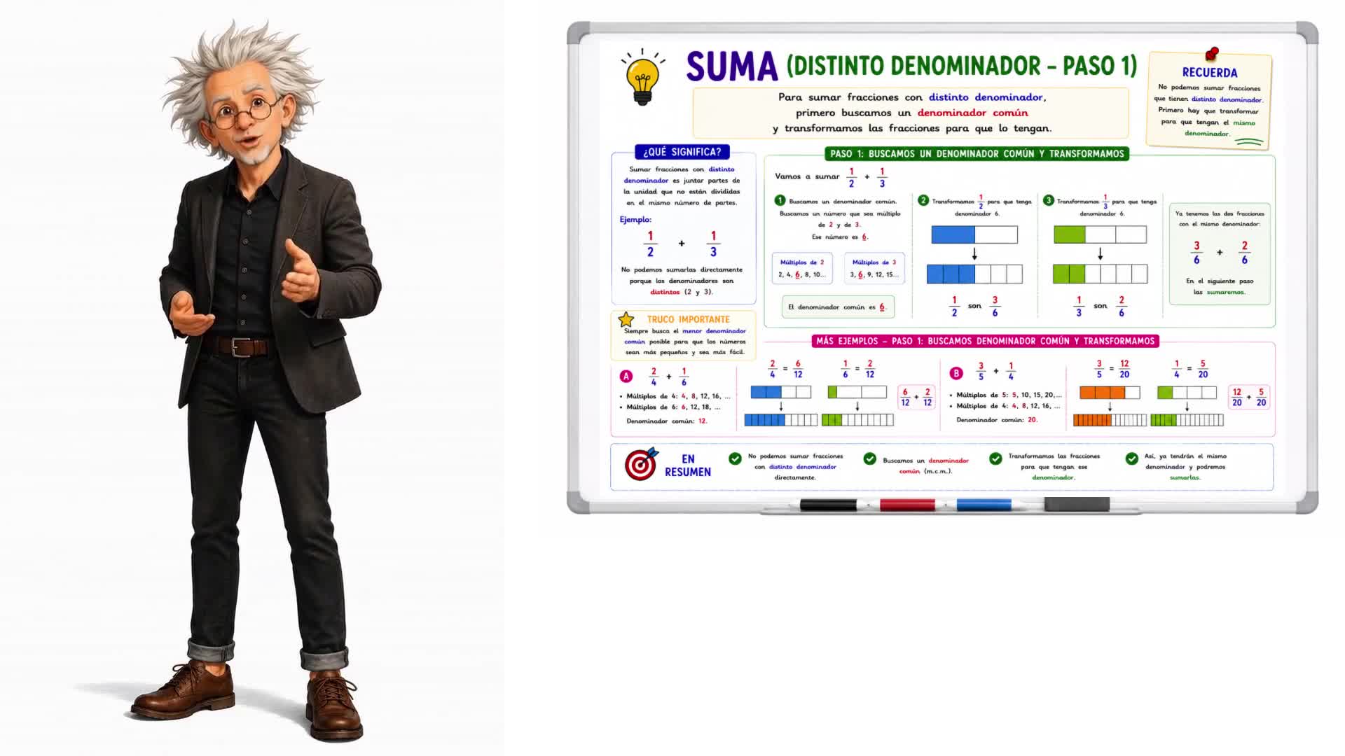 Suma (distinto denominador – paso 1)